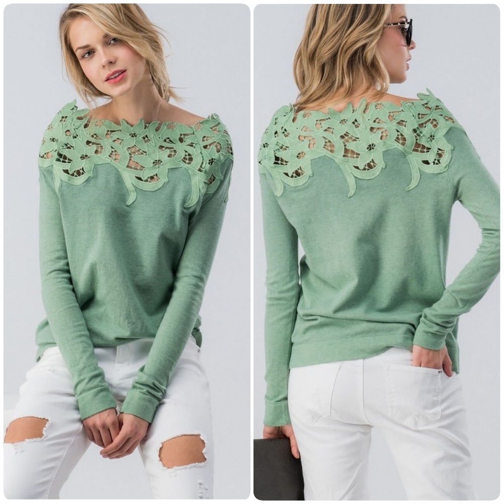 Lace Yoke Long-Sleeve Blouse - Sage Green - Picture 6 of 8